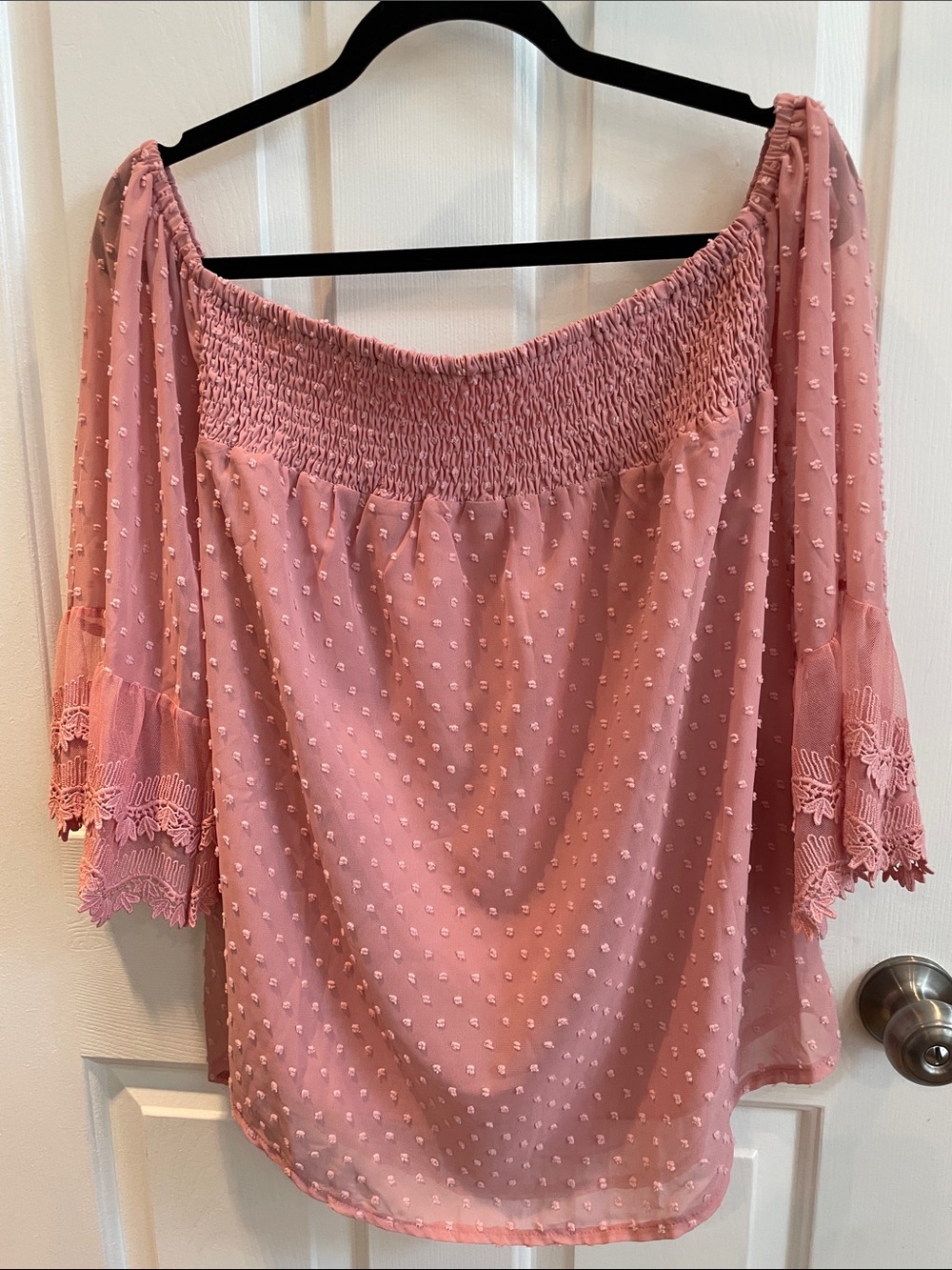 Women’s Off-Shoulder Swiss Dot Blouse in Light Coral
